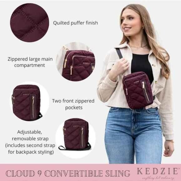 KEDZIE Cloud 9 Quilted Puffer Convertible Sling Bag (Black)2-Inch Bag Strap NWOT - Picture 3 of 12